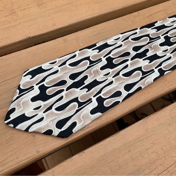 Robert Talbott‎ Necktie Silk Tan Black Abstract Retro MCM Artsy Funky Art Deco